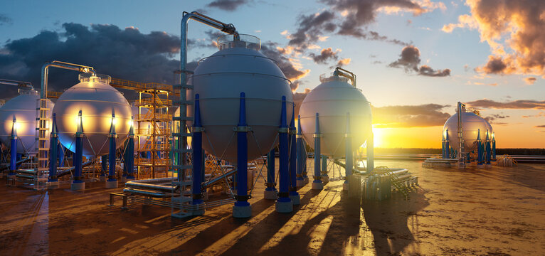 Natural gas storage, spherical pressure tanks and pipelines form an industrial energy facility for gas processing, storage and distribution,