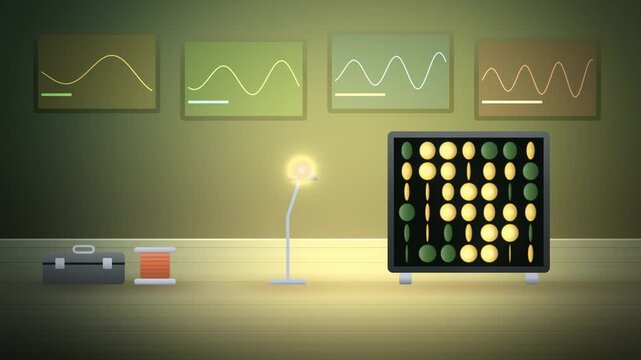 Green flip disc panel switching in waves room scene