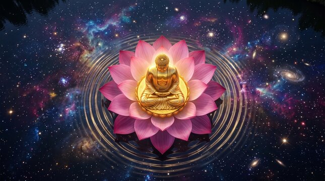 Vesak Golden Buddha Meditating on Lotus in Celestial Starry Water Pond