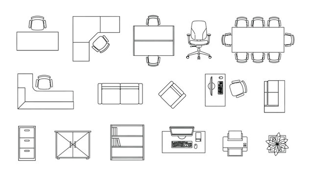 Top view office furniture floor plan vector set. 2D CAD plan vector icons of desks, workstations, chairs, conference tables, reception counters, sofas and storage for interior design and floor plans