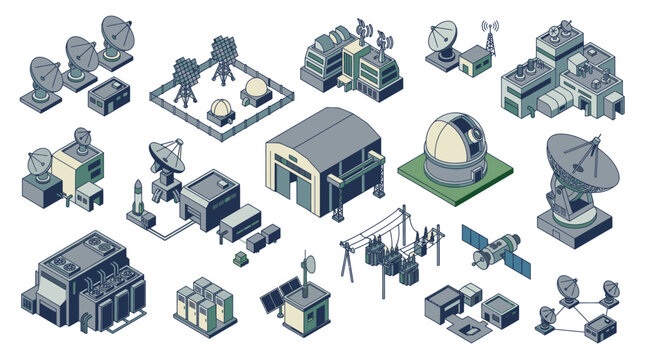 Isometric Collection of Space Communication and Research Infrastructure Icons