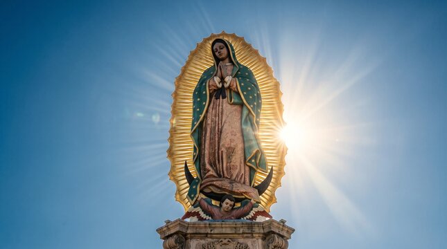 Dia de la Virgen de Guadalupe Heroic Statue View Against Sunny Sky with Divine Light