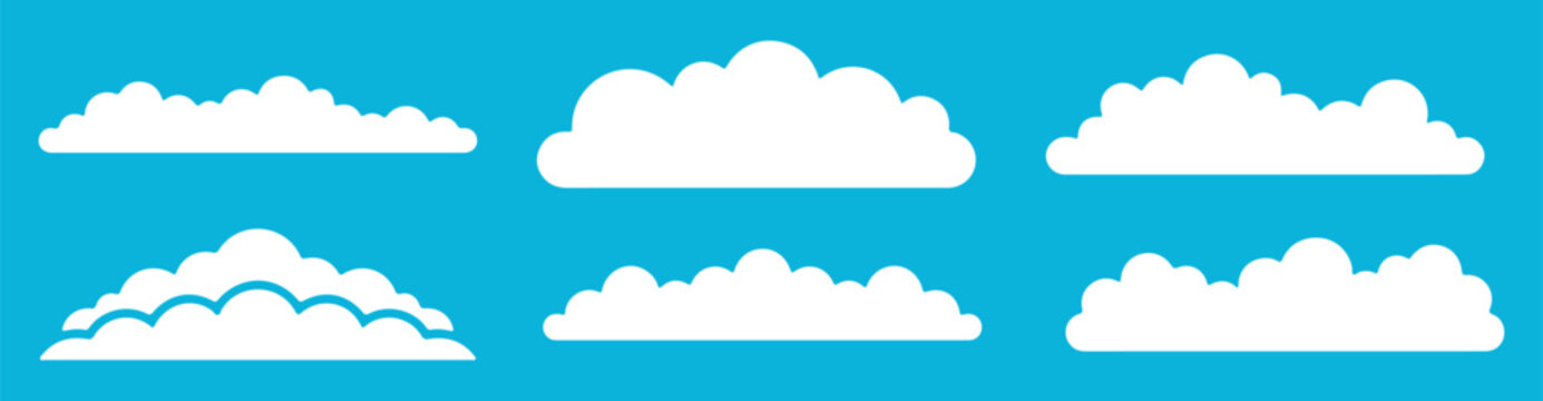 Cloud border. Simple cloudy shapes divider. Flat long section with white puffy cumulus clouds in blue sky. Abstract weather elements banner. Vector cloudscape background.