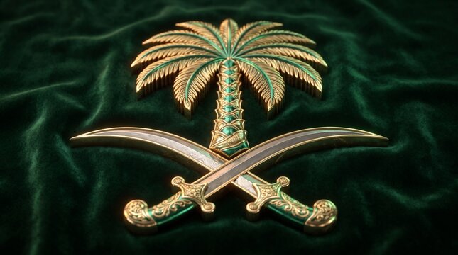 Saudi Arabia National Day majestic 3D golden national emblem of palm tree and swords on deep green velvet background