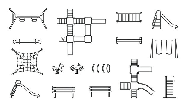 Top view playground equipment floor plan vector set. Thin line outdoor play icons of slides, swings, climbing frames and jungle gym for park design, CAD plans and site layouts