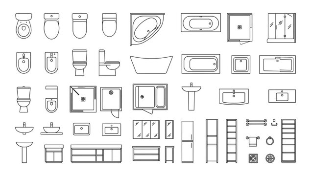 Top view bathroom fixtures floor plan vector set. Thin line CAD symbols of toilets, bidets, sinks, bathtubs, showers, vanities, mirrors and bathroom accessories for interior design and plumbing plans