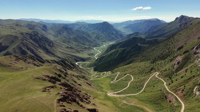 Aerial view of Teskey-Torpok switchbacks near Song-Kul in Naryn Region, Kyrgyzstan