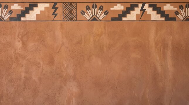 Shalako Festival background, clean minimalist geometric pattern inspired by Zuni pottery designs framing the top, background of a warm terracotta clay textured wall