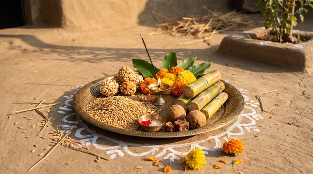 Dhanu Sankranti Traditional Brass Puja Thali with Newly Harvested Rice Grains, Jaggery Sweets, and Fresh Sugarcane Pieces for Hindu Harvest Festival