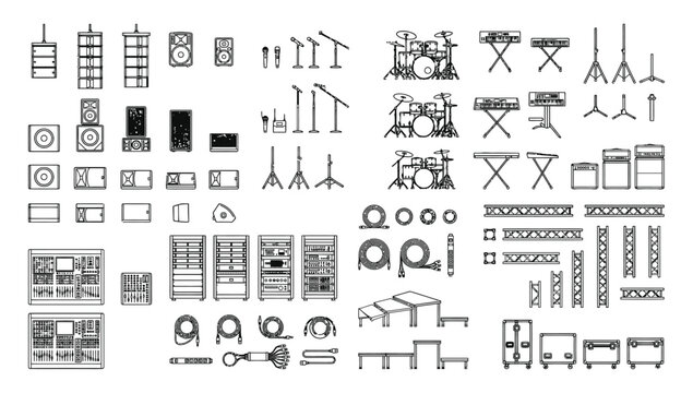 Top view event production and exhibition floor plan vector set, stage equipment, speakers, lighting truss, audio cables, mixing consoles, tables and barriers for concert and venue planning