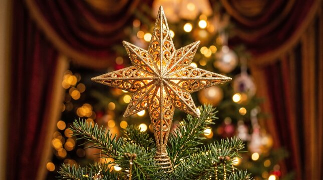 Close-up of a glittering gold three-dimensional Bethlehem star tree topper glowing from within, sitting atop a green pine branch for Christmas decor.