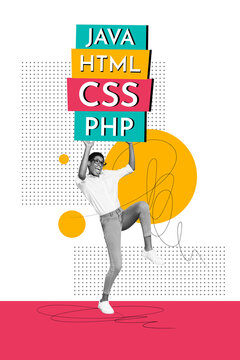 Art image vertical photo collage of excited american girl stand html java script coding software developer it-specialist job