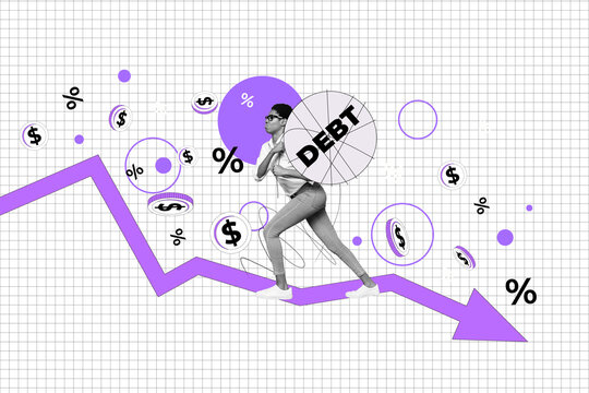 Template sketch image composite artwork collage of target stats analyzing goal business arrow point young woman walk decrease effort debt