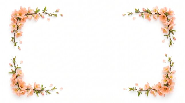 Spring cherry blossom frame on white background, peach floral border with blooming branches, elegant botanical corner decoration for wedding invitations