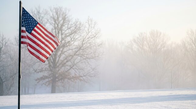 National Freedom Day American Flag in Snowy Winter Park Landscape