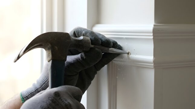 Gloved carpenter using hammer and nail set punch on white trim molding with soft bright daylight from a window