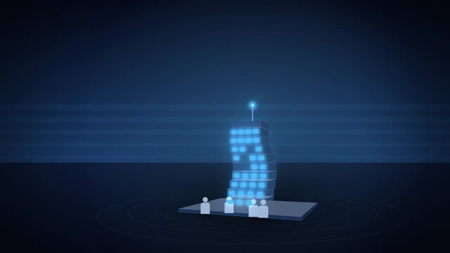 Blue growing AI tower gaining floors evolving tilted view appearing