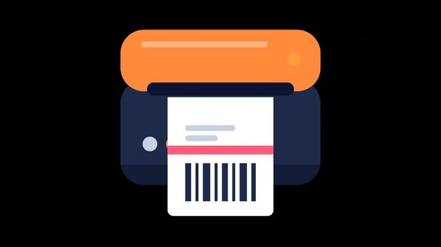 Technical motion graphics animation of a label printer icon printing barcodes on a green screen background in 4K resolution.