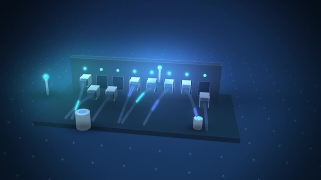 Cyan connector ports with plugs docking and glowing leds room scene