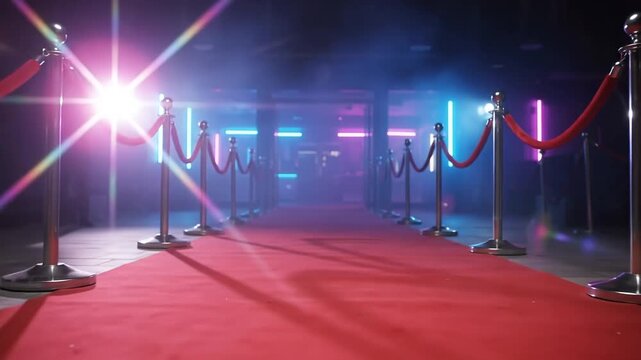 Carpet entrance at night with glamorous event lighting, VIP premiere arrival, luxury celebrity gala walkway