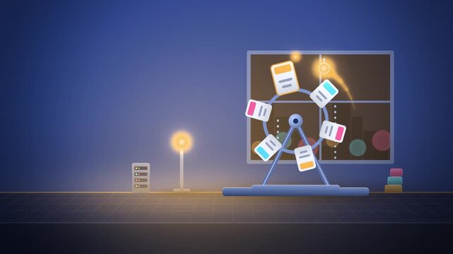 Rotating card file AI agent completing multi step tasks full scene