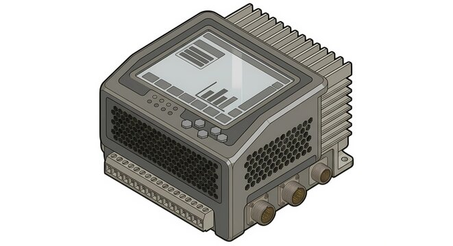 Industrial variable frequency drive VFD inverter unit with cooling heatsink and terminal connections. AC motor speed controller vector illustration
