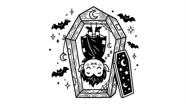 Cute little vampire sleeping upside down inside a wooden coffin decorated with playful bats, glowing stars, and crescent moons for Halloween vector design