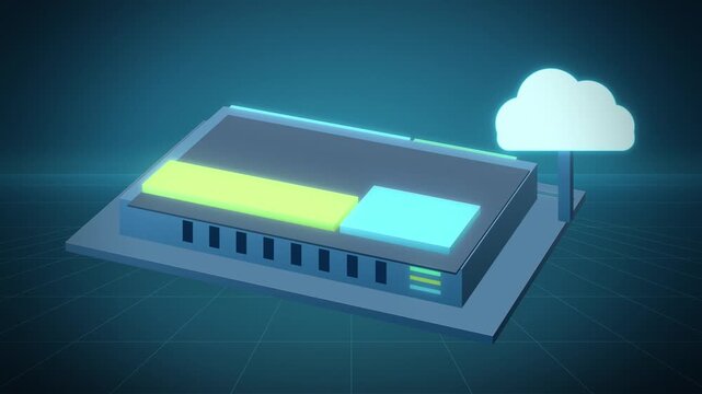 Cyan virtual machines on a cloud hypervisor server close-up animation