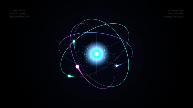 Electrons orbit a glowing atomic nucleus in a dark space