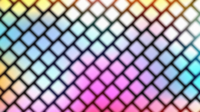 Diagonal grid pattern with blurred diamond shapes in a vibrant rainbow gradient, creating a lively and contemporary abstract background for digital use.