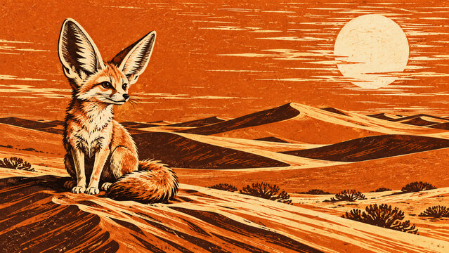 Fennec Fox Listening among Desert Dunes in Linocut