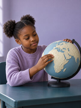 African American schoolgirl exploring world globe in classroom