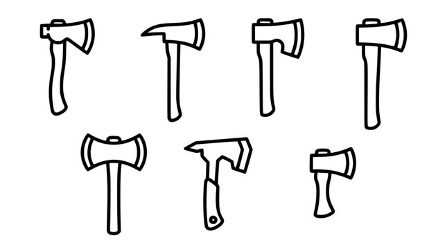 Minimalist Axe Line Icon Set Featuring Different Hatchet Types Firefighter Axes Double Headed Choppers and Tomahawk Graphic Elements for Hardware Design