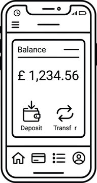 Wireframe illustration of a mobile banking application interface.