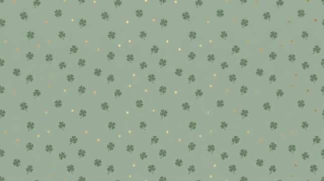 Seamless pattern of four leaf clovers and gold dots on sage green background