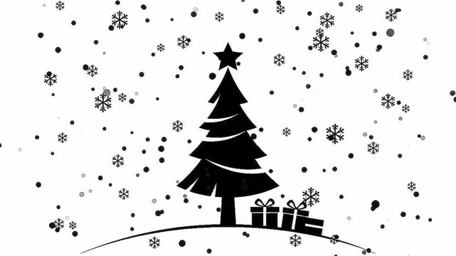 Christmas tree with star topper and gift boxes under falling snowflakes vector illustration, black silhouette isolated on white background.