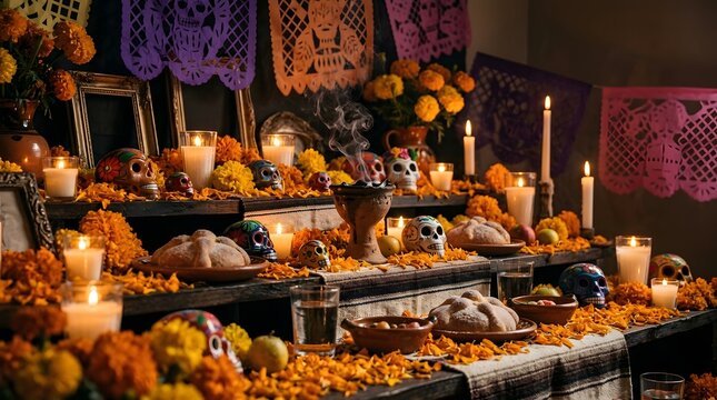Traditional Day of the Dead altar decorated with glowing candles, sugar skulls, sweet bread, and bright marigold flowers