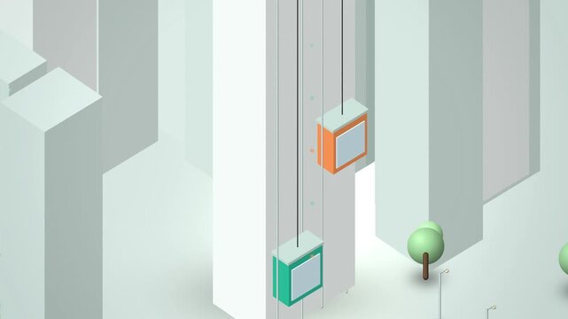 Teal glass elevator pod climbing a tower in AI smart city angled view
