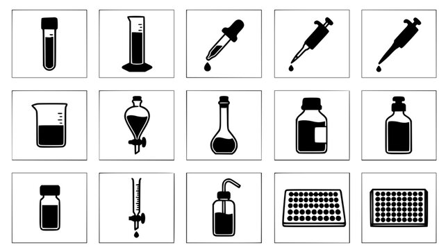 Laboratory, Scientific, and Chemistry Color Icon Set with Test Tube, Graduated Cylinder, Dropper, Pipette, Beaker, Separatory Funnel, Reagent Bottle, and Microplate Vector Illustration[span_1](start_s