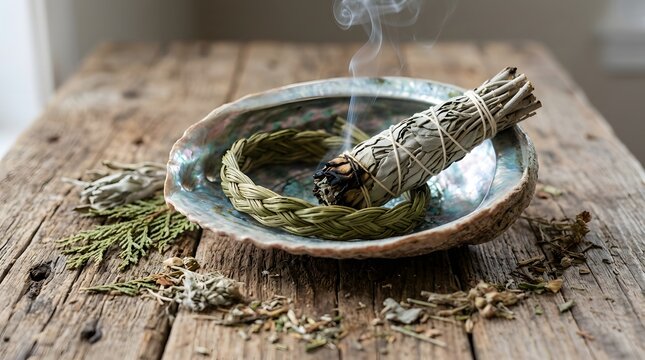 White sage smudge bundle burning inside iridescent abalon shell resting on rustic wooden table background with soft morning lighting