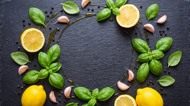 Top-down flatlay of fresh basil, lemons, garlic, and olive oil on dark slate with central copy space.