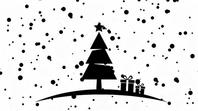 Christmas tree with star topper and gift boxes under falling snowflakes vector illustration, black silhouette isolated on white background.