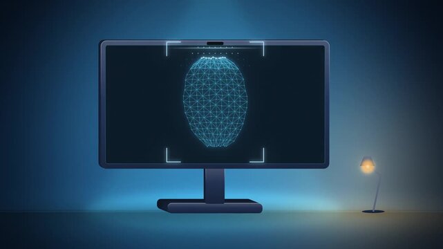 Blue desktop monitor facial recognition scan