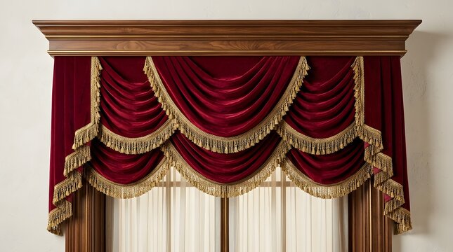 Red velvet window valance with gold fringe and wooden cornice