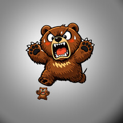 A stylized, high-detail vector cartoon illustration of a furious brown bear cub jumping and rearing up with extreme anger.  © Warung Masbems