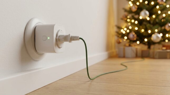 White smart plug on wall powering Christmas tree lights in hallway