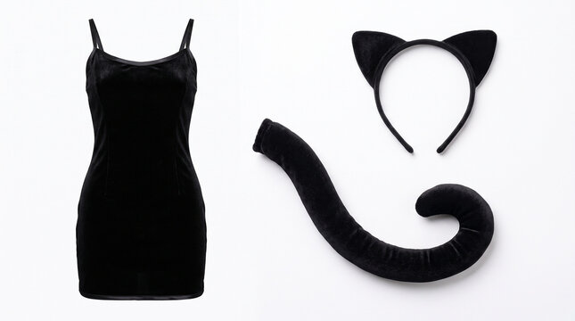 Stylish black velvet dress accompanied by playful cat ears headband and plush tail displayed neatly on crisp white background for creative fashion costume concepts and seasonal parties