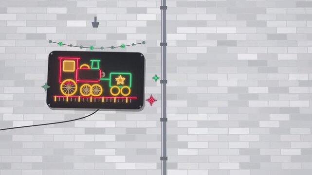 Neon toy steam train sign flickering on brick alley full scene