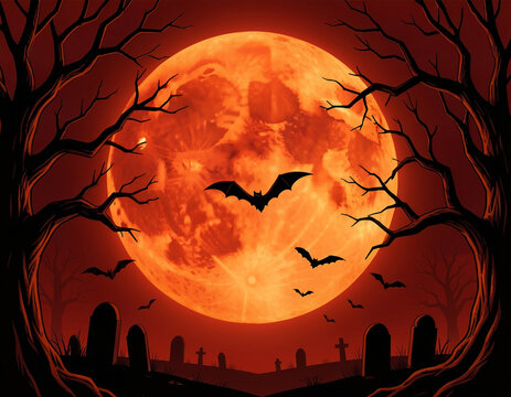 A spooky Halloween scene with a large, glowing, blood-orange moon dominating the center of the frame