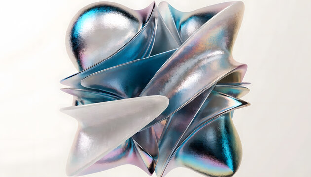 Abstract iridescent metallic sculpture with fluid curved shapes and holographic light reflections